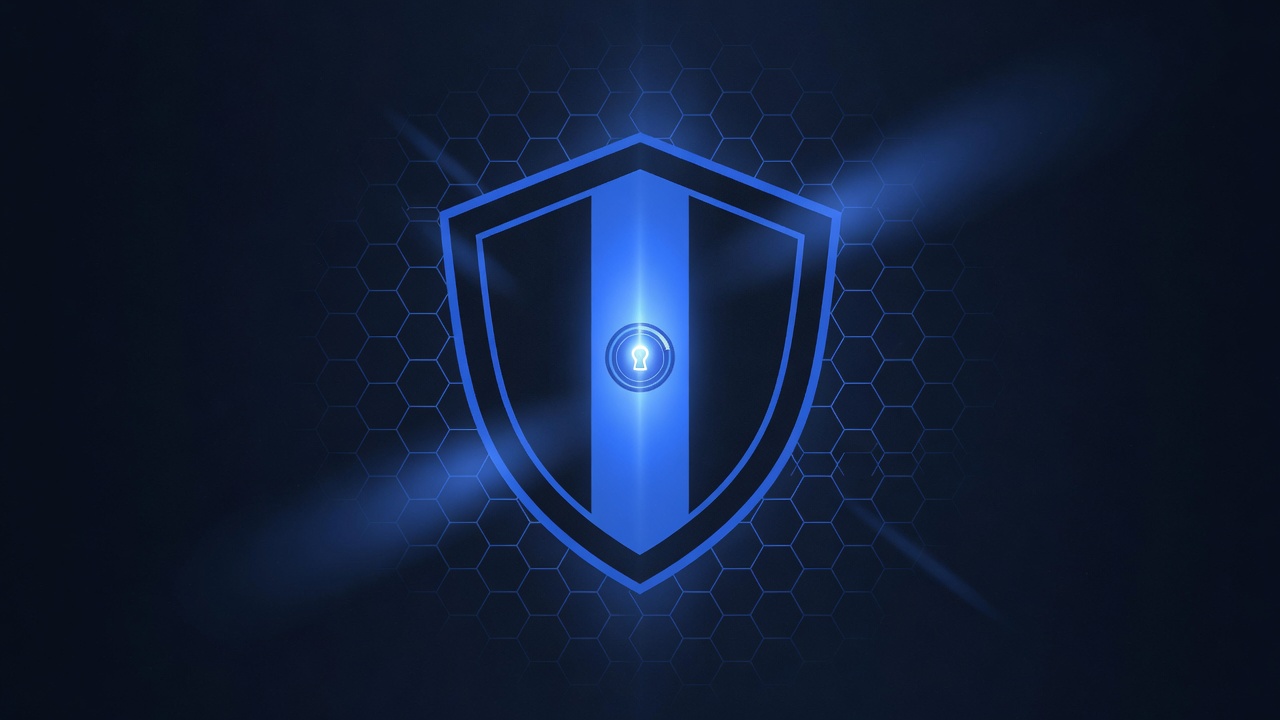 Navy desktop wallpaper with a glowing blue shield